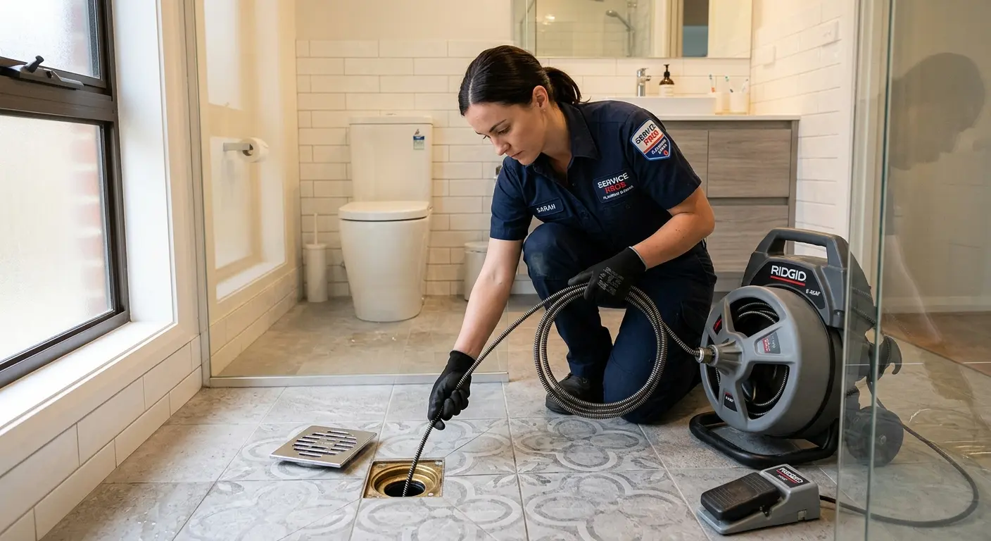 Technician clearing a bathroom floor drain for Drain Cleaning in Mount Carmel